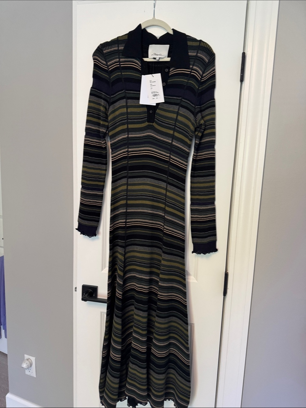 Philip Lim Striped Long Sleeve Polo Dress in Olive & Black